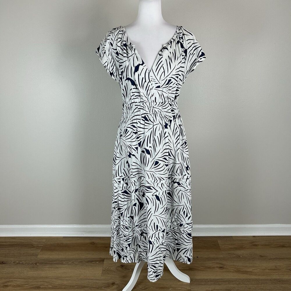 Nicole Miller Shirred Waist Linen Tiered Dress Size M Midi Geometric Preppy